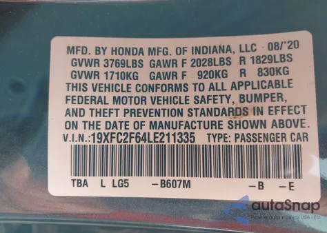 2020 Honda Civic Lx из США, поврежденный, VIN 19XFC2F64LE211335